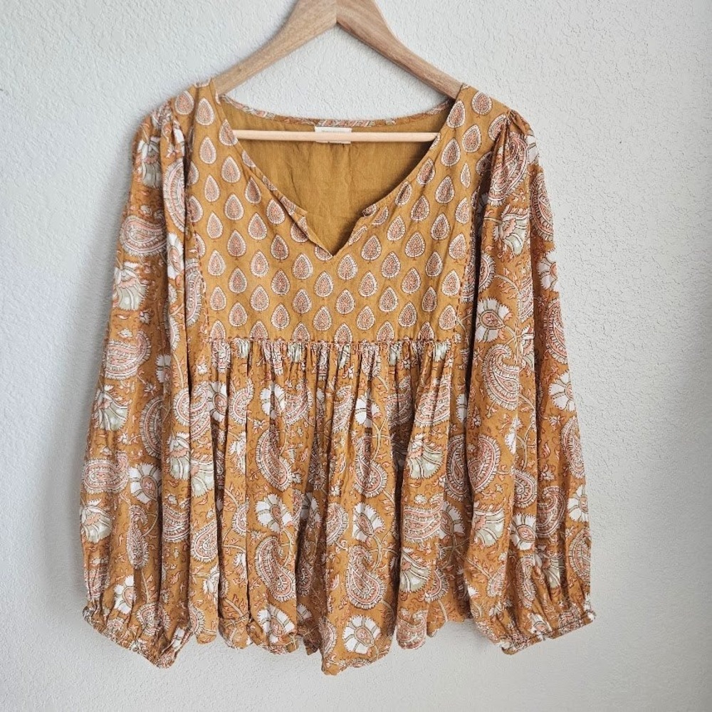 World Market Mustard Yellow Paisley Boho Peplum Blouse Top L/XL